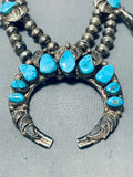 Leaves Older Vintage Native American Navajo Turquoise Sterling Silver Squash Blossom Necklace-Nativo Arts