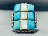 Amazing Vintage Native American Navajo 6 Turquoise 3 Mother Of Pearl Sterling Silver Ring-Nativo Arts