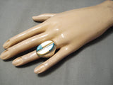 Exceptional Vintage Native American Navajo Turquoise Heavy Pearl Sterling Silver Ring Old-Nativo Arts