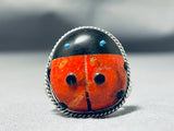Marvelous Native American Navajo Coral Jet Ladybug Sterling Silver Ben Begaye Ring-Nativo Arts
