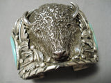 Heavy Huge Native American Navajo Buffalo Sterling Silver Turquoise Bracelet-Nativo Arts