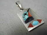 Incredible Detailed Native American Zuni Turquoise Coral Sterling Silver Bird Pendant-Nativo Arts