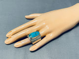Impressive Native American Navajo Old Kingman Turquoise Sterling Silver Ring-Nativo Arts