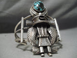 Towering Huge Vintage Native American Navajo Turquoise Kachina Sterling Silver Bracelet Old-Nativo Arts