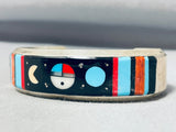 Amazing Native American Navajo Inlay Turquoise Jet Coral Sunface Cosmic Sterling Silver Cuff-Nativo Arts