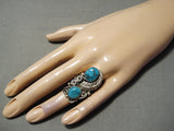 Intricate Vintage Native American Navajo Turquoise Sterling Silver Leaf Ring Old-Nativo Arts