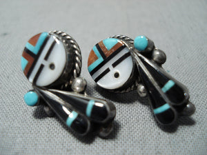 Zuni 2024 Sterling Turquoise coral inlaid signed earrings! Pretty!