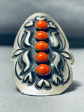Fabulous Native American Navajo 5 Corals Sterling Silver Immense Ring-Nativo Arts