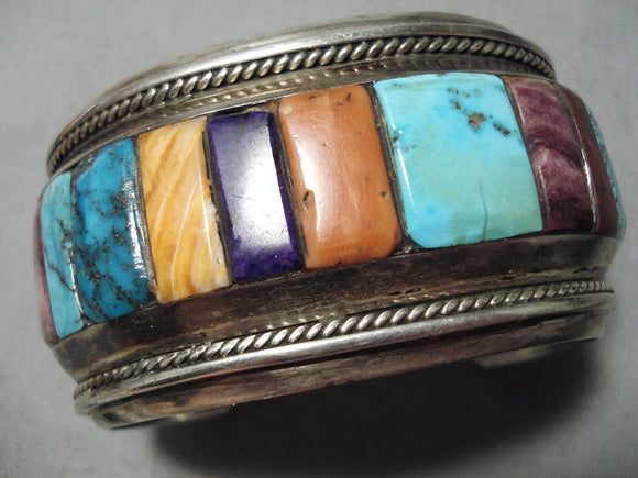 One Of Best Vintage Native American Navajo Turquoise Sterling Silver Row Inlay Bracelet Heavy-Nativo Arts