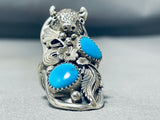 Unique Native American Navajo 2 Kingman Turquoise Sterling Silver Buffalo Gigantic Ring-Nativo Arts