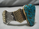Native American Quality Vintage Apache Candelaria Turquoise 14k Gold Sterling Silver Bracelet-Nativo Arts
