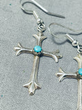 Precious Native American Navajo Sleeping Beauty Turquoise Sterling Silver Cross Earrings-Nativo Arts