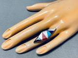 Longer Signed Vintage Native American Zuni Turquoise Inlay Sterling Silver Ring Tall Old-Nativo Arts