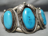 Heavy Thick!! Vintage Native American Navajo Blue Gem Turquoise Sterling Silver Leaf Bracelet-Nativo Arts