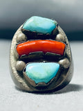 Native American Heavy Mens 34 Grams Turquoise Coral Sterling Silver Ring Old-Nativo Arts