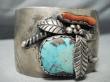 Colossal Detailed Vintage Native American Navajo Turquoise Coral Leaf Sterling Silver Bracelet-Nativo Arts
