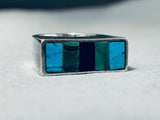Intricately Inlaid Vintage Native American Navajo Turquoise Sterling Silver Ring-Nativo Arts