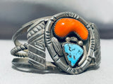 Thick Vintage Native American Navajo Kingman Turquoise Coral Sterling Silver Bracelet-Nativo Arts