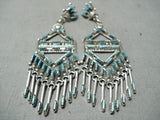 Huge Detailed Fabulous Native American Zuni Needle Turquoise Sterling Silver Earrings-Nativo Arts