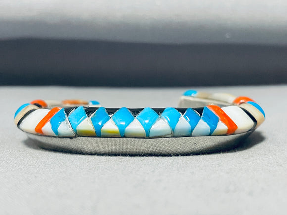 Rare Technique Turquoise Vintage Native American Navajo Coral Inlay Sterling Silver Bracelet-Nativo Arts