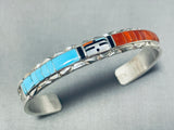 Marvelous Native American Zuni Signed Inlay Sunface Turquoise Coral Jet Sterling Silver Bracelet-Nativo Arts