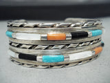 Signed Vintage Heavy Native American Zuni Turquoise Sterling Silver Coiled Bracelet-Nativo Arts