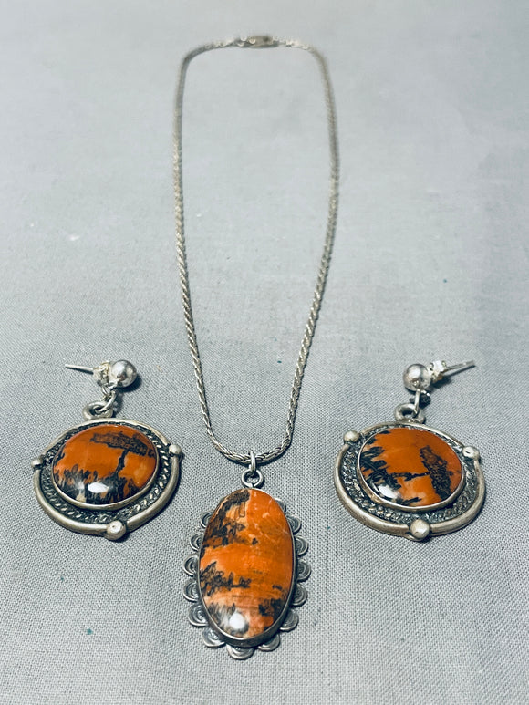 Tremendous Vintage Native American Navajo Petrified Wood Sterling Silver Necklace & Earring Set-Nativo Arts