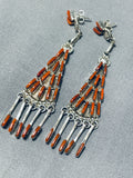Exquisite Native American Zuni Coral Needlepoint Sterling Silver Earrings-Nativo Arts