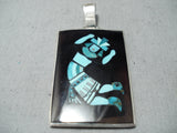 One Of A Kind Native American Zuni Turquoise Jet Inlay Sterling Silver Pendant-Nativo Arts
