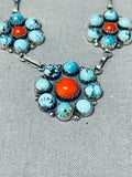 Beautiful Vintage Native American Zuni 5 Turquoise Coral Sterling Silver Clusters Necklace-Nativo Arts
