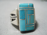 Native American Stunning Vintage Huge Inlay Turquoise Sterling Silver Channel Ring-Nativo Arts