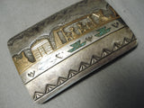 Older Vintage Native American Navajo Hand Tooled Sterling Silver Green Turquoise Buckle Old-Nativo Arts