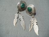 Amazing Vintage Native American Navajo Malachite Sterling Silver Feather Earrings-Nativo Arts