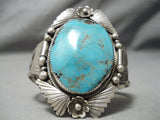 Towering Museum Vintage Native American Navajo Domed Turquoise Sterling Silver Leaf Bracelet-Nativo Arts