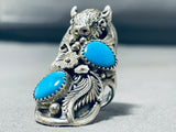 Unique Native American Navajo 2 Kingman Turquoise Sterling Silver Buffalo Gigantic Ring-Nativo Arts