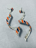 Native American Unique Shawn Sheyka Zuni Coral Jet Sterling Silver Earrings-Nativo Arts