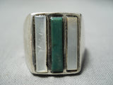 Huge Vintage Native American Navajo Cerrillos Turquoise Inlay Sterling Silver Ring Old-Nativo Arts