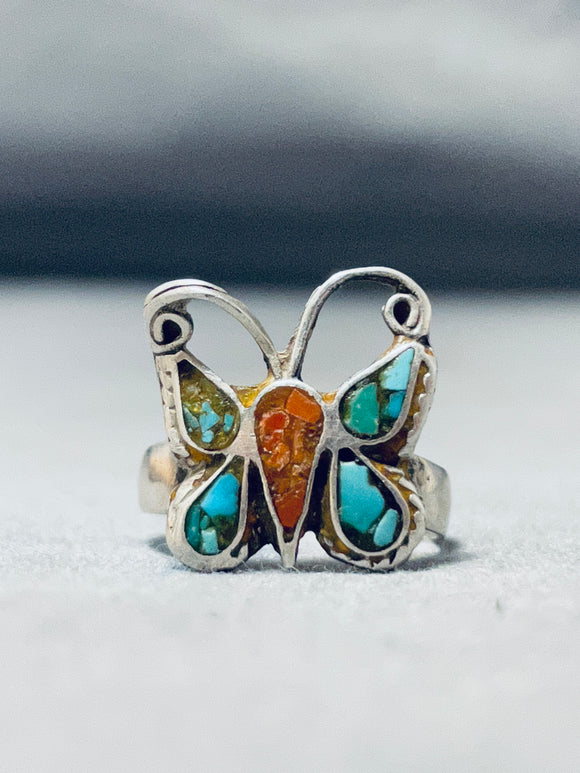 Wonderful Vintage Native American Zuni Inlay Coral Turquoise Sterling Silver Butterfly Ring-Nativo Arts