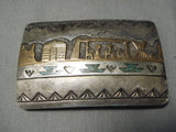 Older Vintage Native American Navajo Hand Tooled Sterling Silver Green Turquoise Buckle Old-Nativo Arts
