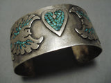 Incredible Vintage Native American Navajo Inlaid Turquoise Heart Sterling Silver Bracelet Cuff-Nativo Arts
