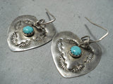 Unique Vintage Native American Navajo Turquoise Sterling Silver Heart Earrings Old-Nativo Arts
