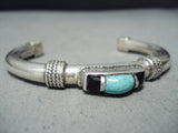 Unique Vintage Native American Navajo Blue Gem Turquoise Jet Sterling Silver Bracelet Old-Nativo Arts