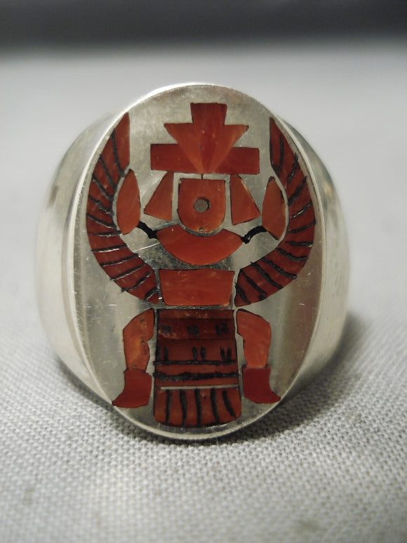 Important Zuni Inlay Master Native American Coral Sterling Silver Ring-Nativo Arts