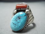 Rich Long Vintage Native American Navajo Sleeping Beauty Turquoise Coral Sterling Silver Ring-Nativo Arts