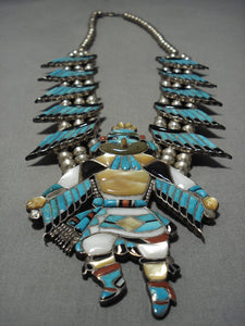 Native American Best Vintage Inlay Zuni Turquoise Sterling Silver Squash Blossom Necklace Old-Nativo Arts