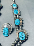Gasp! Vintage Native American Navajo Turquoise Sterling Silver Necklace Earrings Ring Set-Nativo Arts