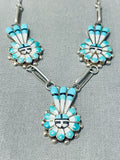 Striking Vintage Native American Zuni Blue Gem Turquoise Sterling Silver Sunface Necklace-Nativo Arts