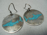Native American Shark Turquoise Inlay Vintage Southwestern Sterling Silver Earrings-Nativo Arts
