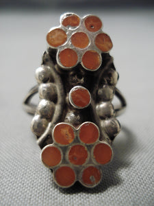 Important Vintage Native American Zuni Snake Eyes Coral Sterling Silver Dishta Ring Old-Nativo Arts