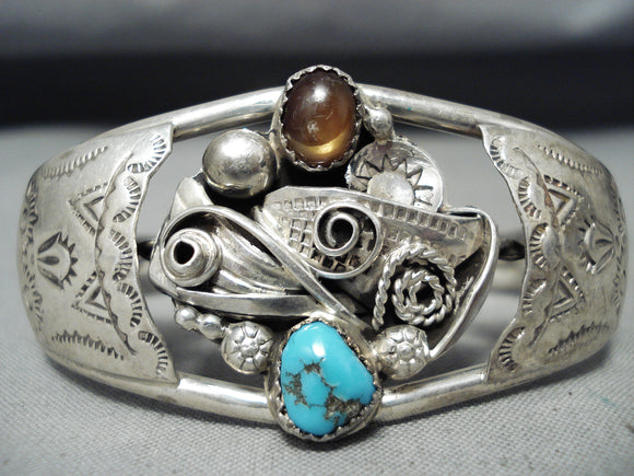 Spectacular Vintage Native American Navajo Kingman Turquoise Amber Sterling Silver Bracelet-Nativo Arts